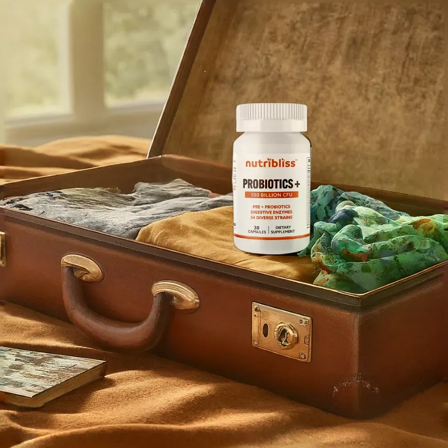 probiotics for traveling abroad 1 nutribliss probiotics bottle packed in suitcase